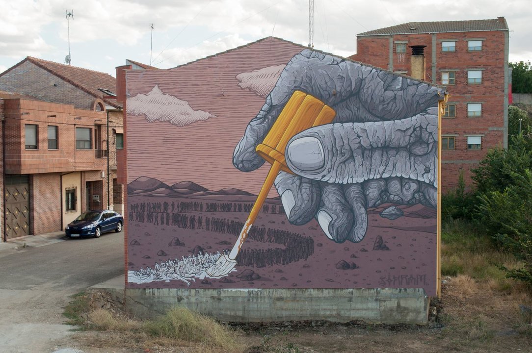 Mural 'Corrección Política' de Sokram, creado nun inmoble de La Bañeza. (Foto: Sokram) #mural #sokran #labañeza #muralista #galiza #diosketecrew