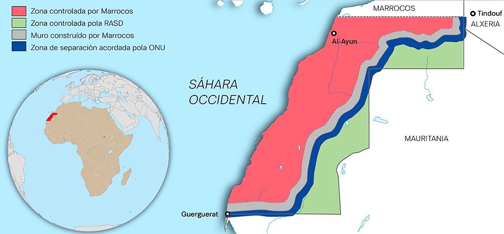Mapa do Sáhara Occidental na actualidade. (Infografía: Verónica Rivadulla / Nós Diario)