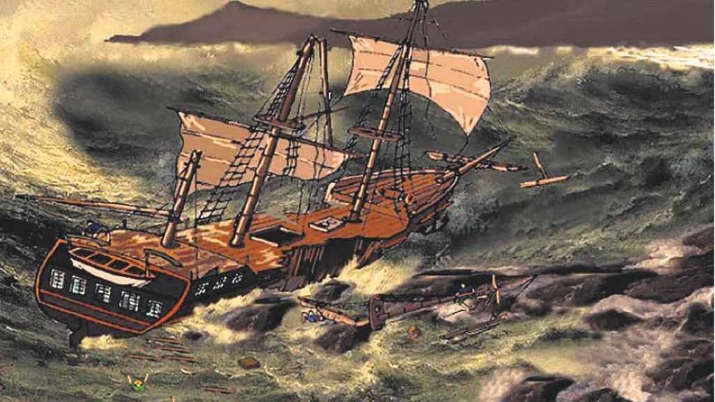 Recreación do naufraxio da fragata británica Speed, na praia de Ponzos (Ferrol), para a revista nº 14 de Columba. (Ilustración: Julio Ferrín).