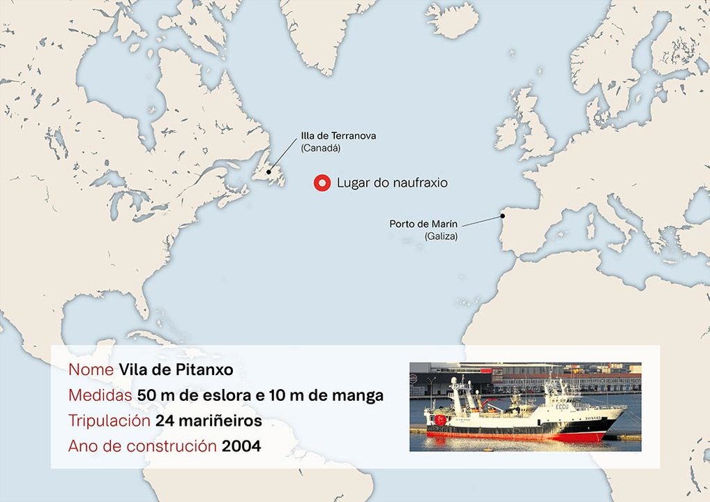 O primeiro aviso de emerxencia produciuse ás 5.24 horas, co barco a 450 km de Terranova. (Infografía: Nós Diario)