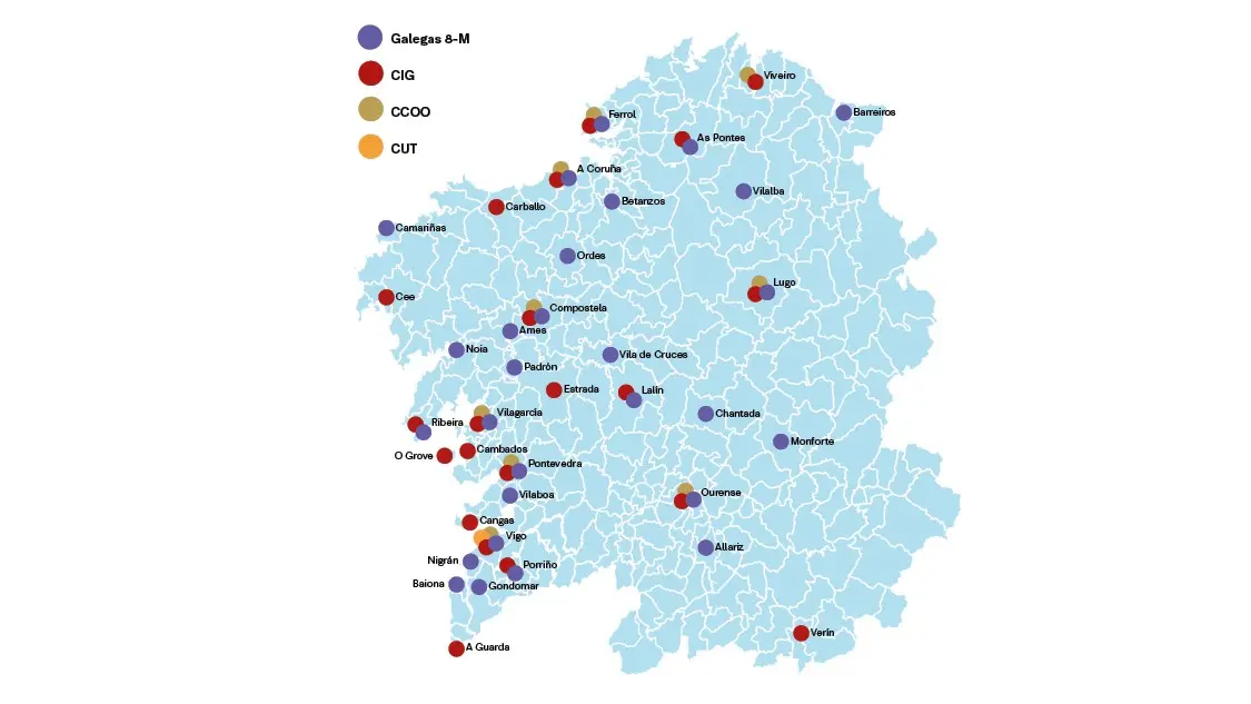 Todas as mobilizaci&oacute;ns convocadas na Galiza para este 8 de marzo (Infograf&iacute;a: N&oacute;s Diario).