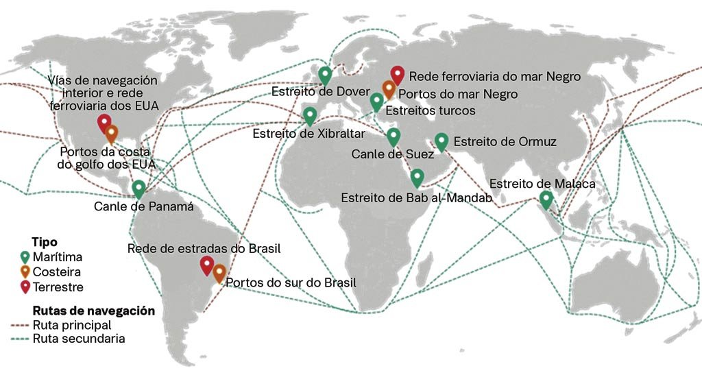 14 pescozos de botella chave do comercio mundial, xunto ás principais rutas comerciais, descubertos por Chatham House (Infografía: Nós Diario).