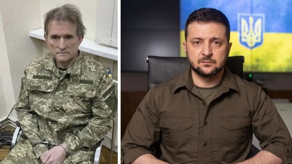 &Aacute; esquerda, Viktor Medvedchuk tras ser capturado; &aacute; dereita, Volodimir Zelenski. (Fotos: Goberno de Ucra&iacute;na)