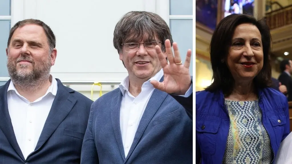 &Aacute; esquerda, reencontro entre Oriol Junqueras e Carles Puigdemont o pasado ano, en B&eacute;lxica; &aacute; dereita, a ministra Margarita Robles. (Fotos: Europa Press)