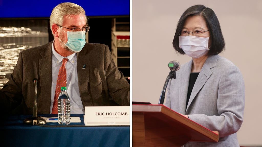 Á esquerda, o gobernador de Indiana (EUA), Eric Holcomb; á esquerda, a presidenta de Taiwán, Tsai Ing-wen. (Fotos: Goberno de Taiwán - Jeremy Hogan / Zuma Press)