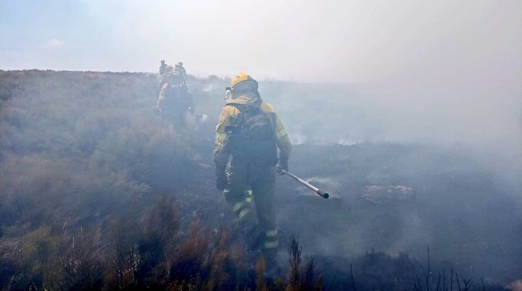 Bombeiros forestais traballan na extinción do incendio de Lobeira. (Foto: Brif de Laza)