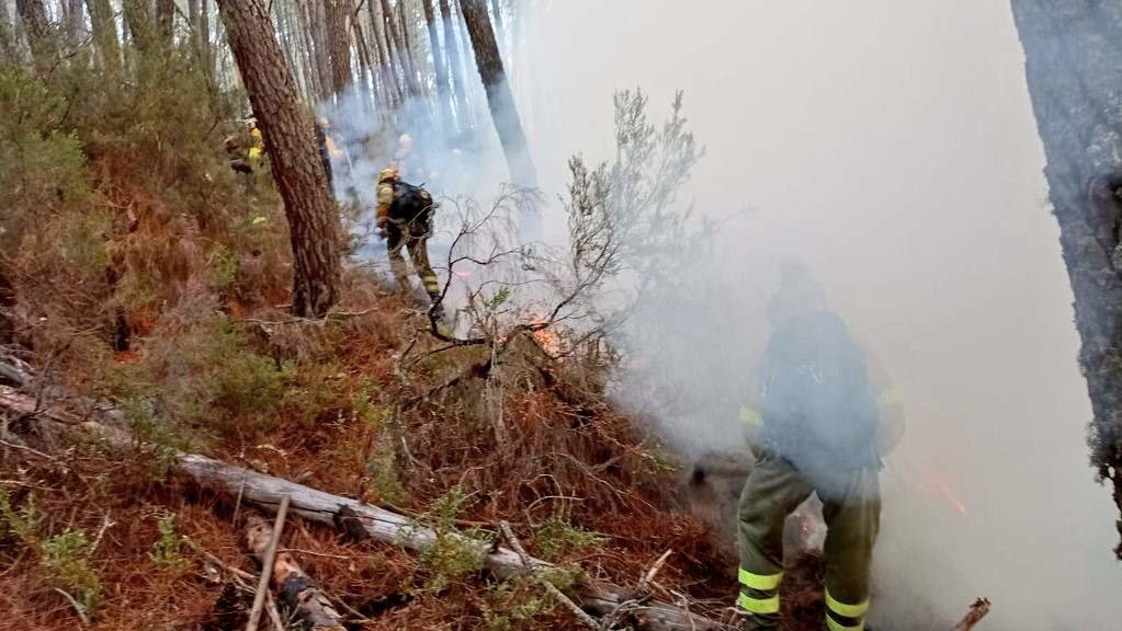 Bombeiros forestais da Brif de Laza comabten o lume no lugar da Barxa, na Gudiña. (Foto: @BrifLaza).