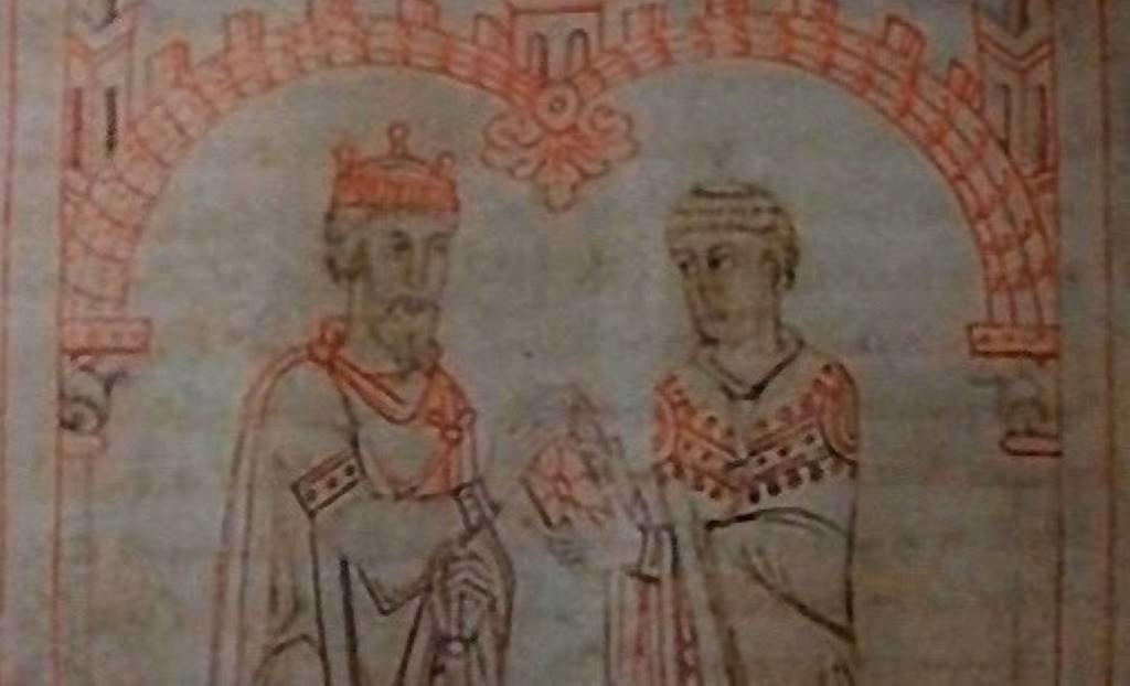 O rei Miro con Martiño de Dume nunha miniatura, 'De virtutibus quattuor'. (Foto: Biblioteca Nacional de Austria)