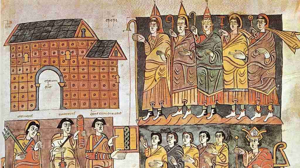 O concilio de Toledo nunha miniatura do Codex Vigilianus. (Foto: Biblioteca do mosteiro do Escorial)