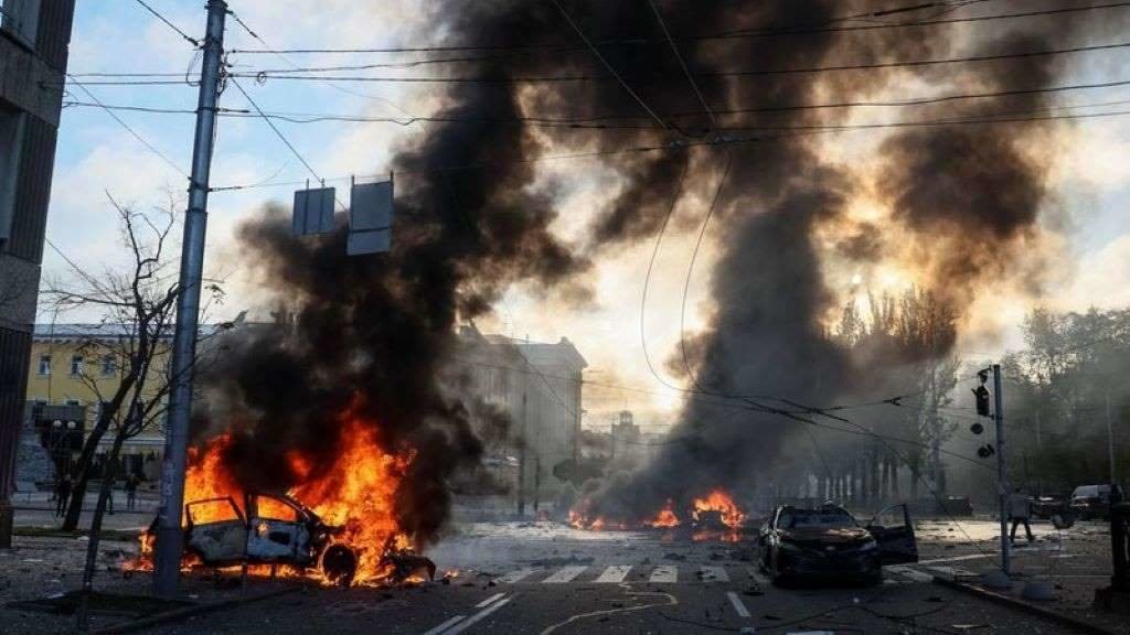Restos de vehículos incendiados esta segunda feira en Kíiv, a capital ucraína, após o ataque con mísiles das Forzas Armadas rusas. (Foto: Jacques Frère)