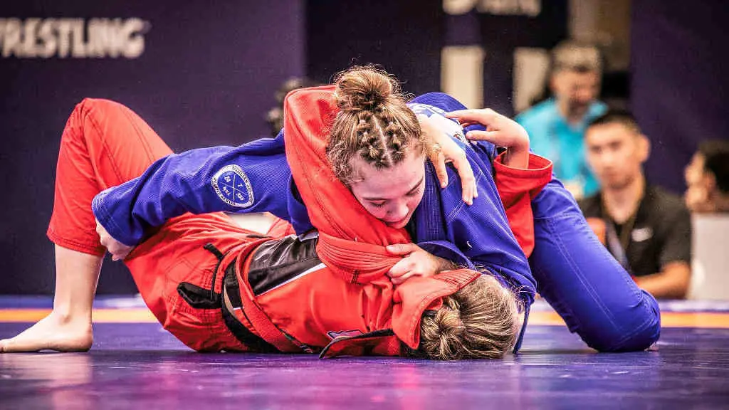 Un dos combates que tivo lugar onte no Mundial de Grappling e Grappling Gi en Pontevedra (Foto: Federaci&oacute;n Galega de Loita e D.A.).