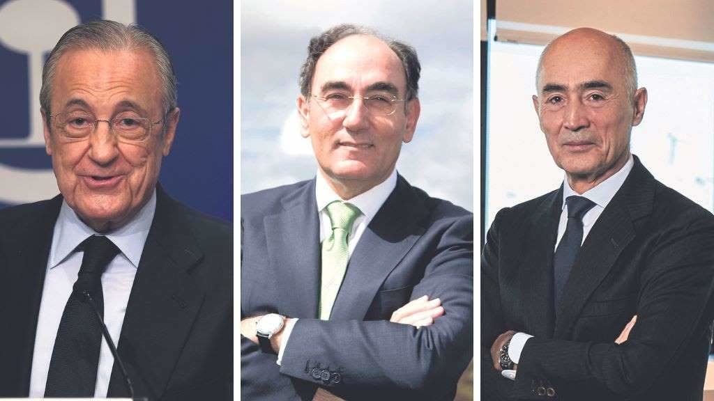 Florentino Pérez, presidente de ACS; Ignacio Sánchez Galán, presidente de Iberdrola, e Rafael del Pino, presidente de Ferrovial. (Fotos: Europa Press)