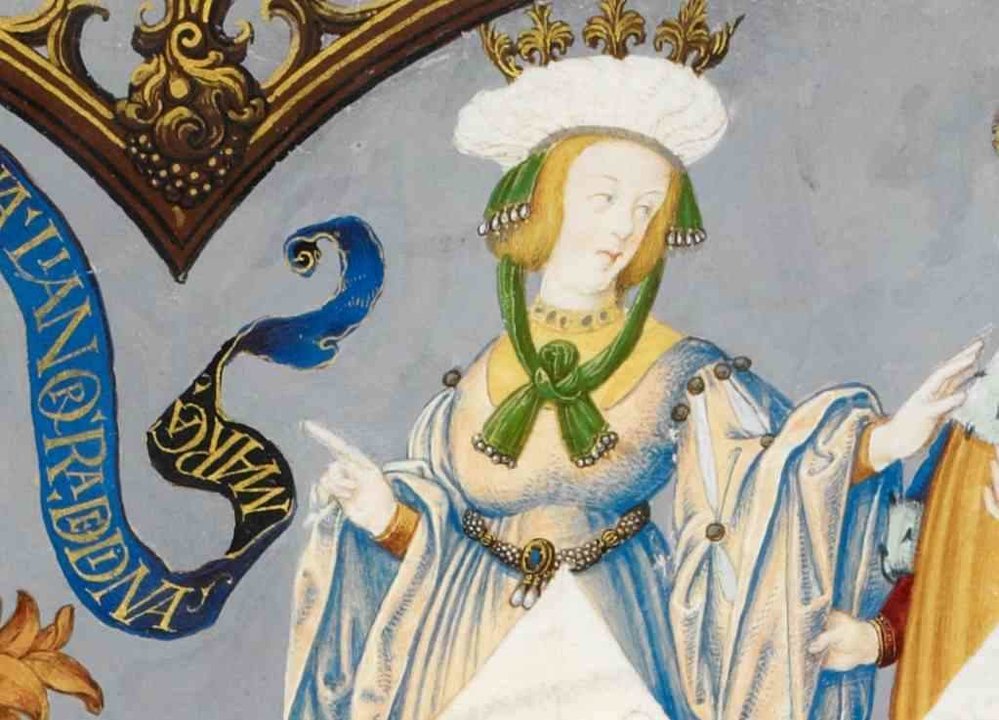 Tareixa de Portugal, raíña consorte da Galiza e nai das infantas Sancha e Dulce, nunha imaxe da Genealogia dos Reis de Portugal. / British Library