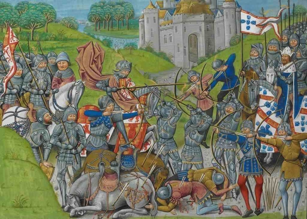 Representación das tropas de Fernando I de Portugal enfrontándose ás de Henrique II de Trastámara. / "Chronique d’Angleterre". British Library