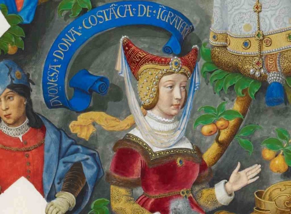 Constanza de Castela, duquesa consorte de Lancaster e raíña da Galiza entre 1386-1387. / Genealogia dos Reis de Portugal. British Library