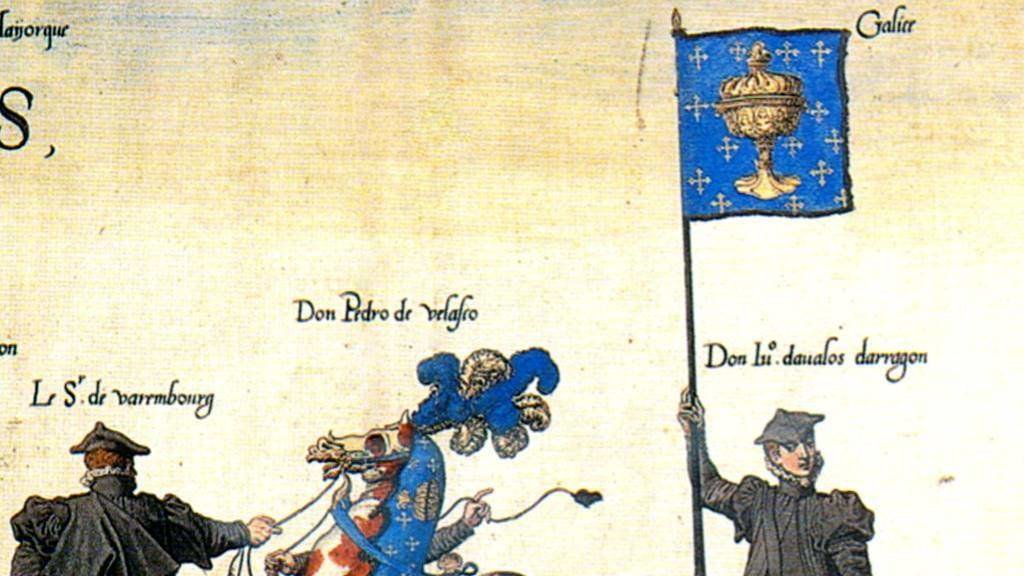 Estandarte do Reino da Galiza nunha obra datada do século XVI. (Foto: Museum Plantin-Moretus-Stedelijk Prentenkabinet)