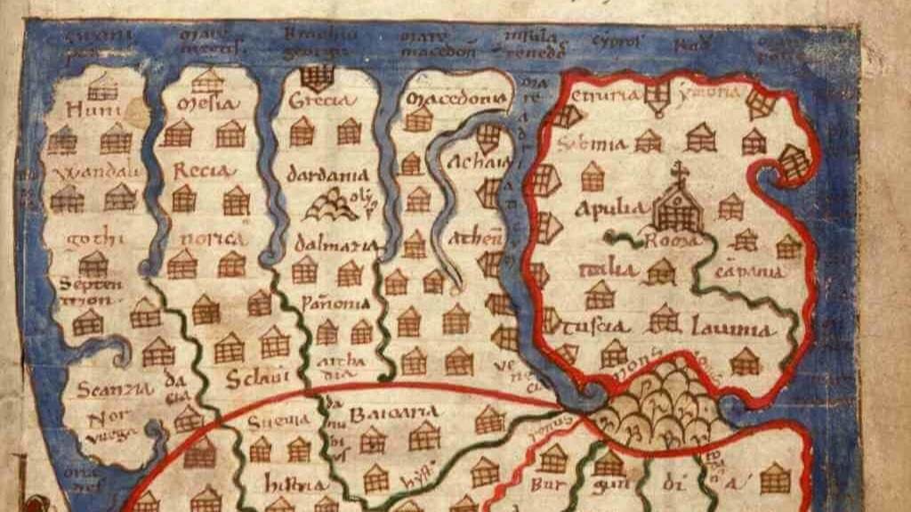 Mapa de Europa elaborado en 1125 polo cóengo normando Lambert de Saint-Omer, onde aparece ‘Galicia’ sinalada como una realidade diferente a ‘Hispania’ . / Universidade de Gante