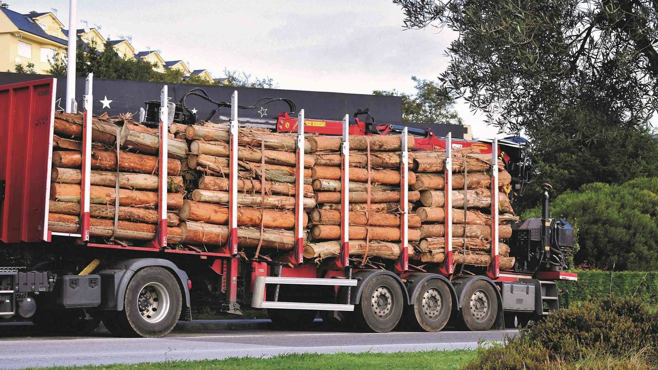 Un camión que transporta madeira, ao seu paso polo municipio de Viveiro, na comarca da Mariña (Foto: José Muñoz Carrasco).