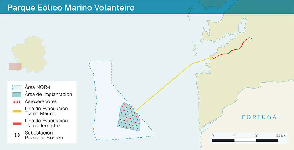 Localizaci&oacute;n e detalle do parque e&oacute;lico mari&ntilde;o Volanteiro (Foto: N&oacute;s Diario / Capital Energy).