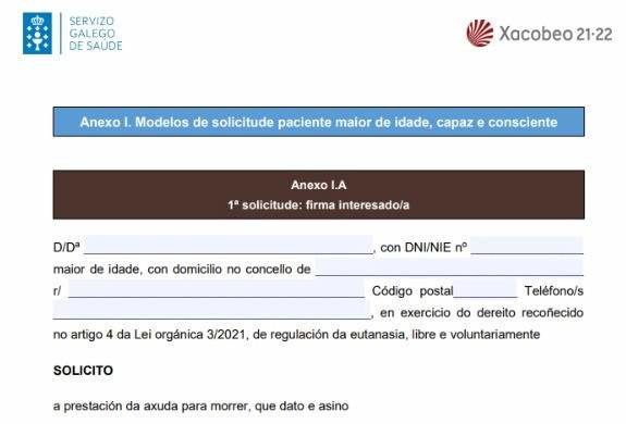 Documento para solicitar a eutanasia co logo do Xacobeo. (Foto: Nós Diario)