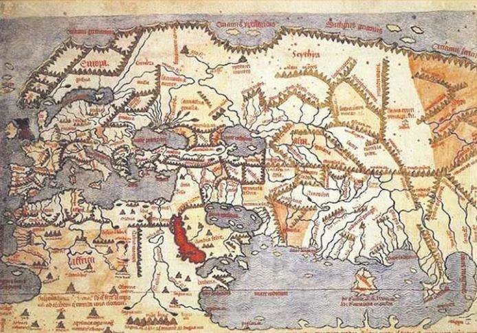 Mapa de Mela, elaborado a comezos do século XV, onde Galiza segue aparecendo como unha realidade política diferenciada de Castela. (Foto: Cedida)