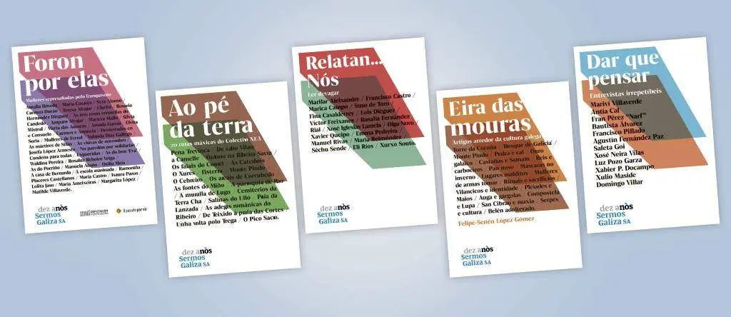 Detalles das capas dos cinco libros, obra do grafista Pepe Barro.