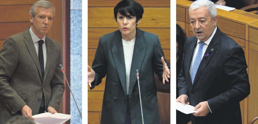 Alfonso Rueda, Ana Pontón e Luís Álvarez, esta cuarta feira, na Cámara galega. (Foto: Parlamento)