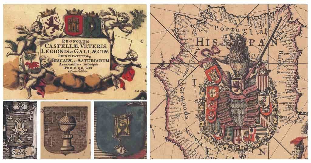Representacións do escudo galego en obras de Frederick de Wit, agás á inferior á esquerda que figura nas obras de Chatelain (Imaxe: colección do autor)