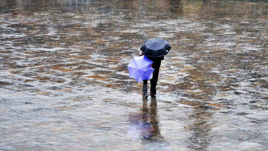 Unha persoa avanzando entre a choiva en Compostela (Foto: Santi Alvite).