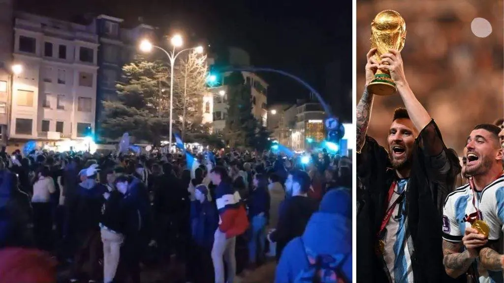 &Aacute; esquerda, celebraci&oacute;n do triunfo arxentino na fonte de Catro Cami&ntilde;os da Coru&ntilde;a; &aacute; dereita, Leo Messi levanta ao ceo a copa. (Fotos: @echeoqhai / Twitter | Robert Michael / DPA)