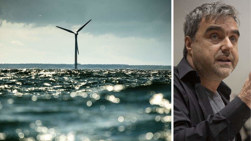 Á esquerda, un parque eólico mariño en Dinamarca; á dereita, o deputado de EH Bildu no Parlamento vasco Mikel Otero. (Fotos: Nós Diario | Europa Press)