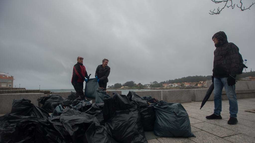 Bolsas cos restos de chapapote achados na Illa de Arousa. (Foto: Gustavo de la Paz / Europa Press)