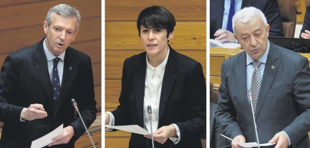Alfonso Rueda, Ana Pontón e Luís Álvarez, esta cuarta feira, durante a sesión de control ao Goberno galego. (Fotos: Arxina)