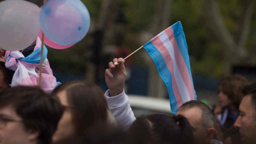 A bandeira Trans durante unha manifestación (Foto: Lito Lizana / Zuma Press / Contactophoto).