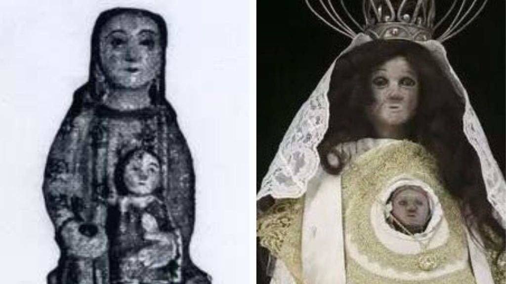 O antes e o despois da Virxe de Chamorro co paso dos séculos. (Fotos: Apatrigal)