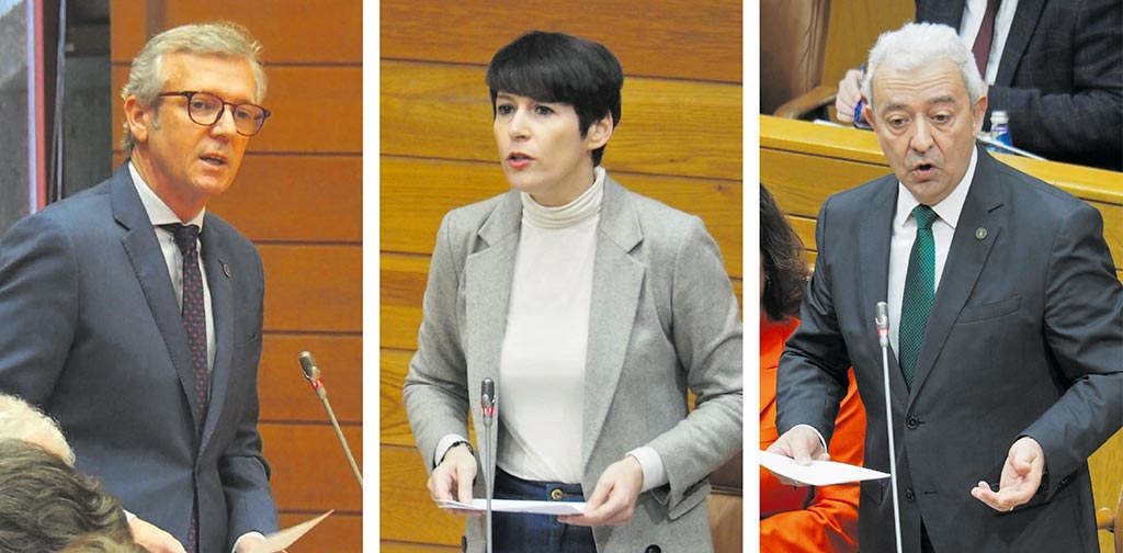 Alfonso Rueda, Ana Pontón e Luís Álvarez onte, durante a sesión de control ao presidente (Foto: Parlamento da Galiza / Nós Diario).