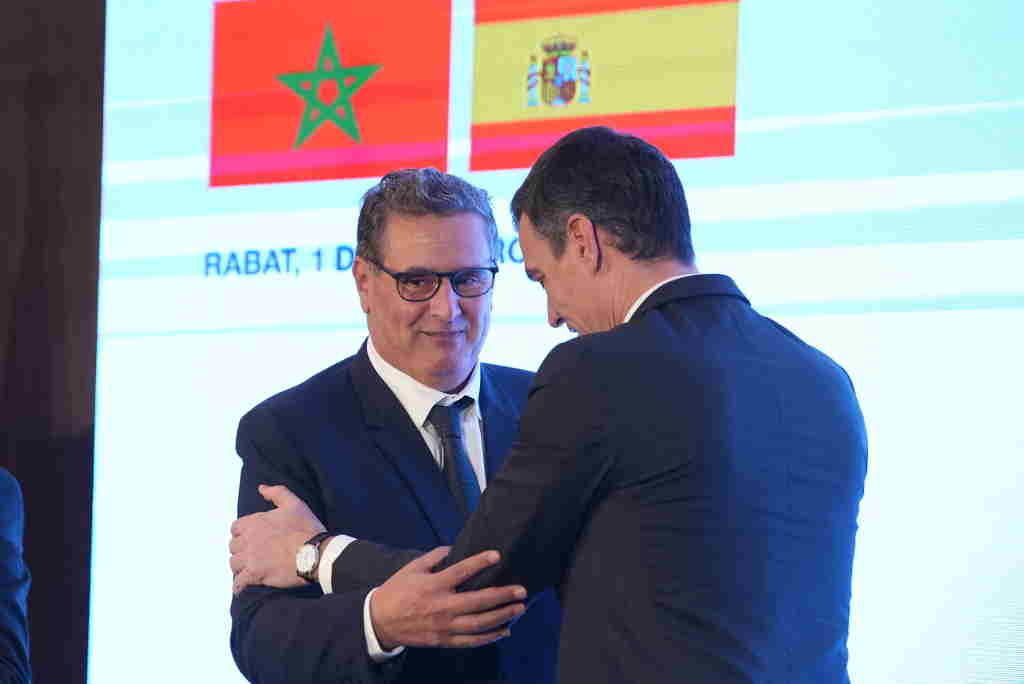 Pedro Sánchez, presidente español, e Aziz Akhannouc, primeiro ministro marroquí, onte en Rabat. (Foto: David Zorrakino / Europa Press)