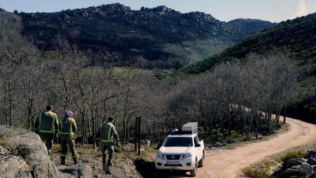 Traballadores forestais observan os danos ocasionados polo incendio forestal en Salgueiros, no concello de Muíños. (Foto: Rosa Veiga / Europa Press)