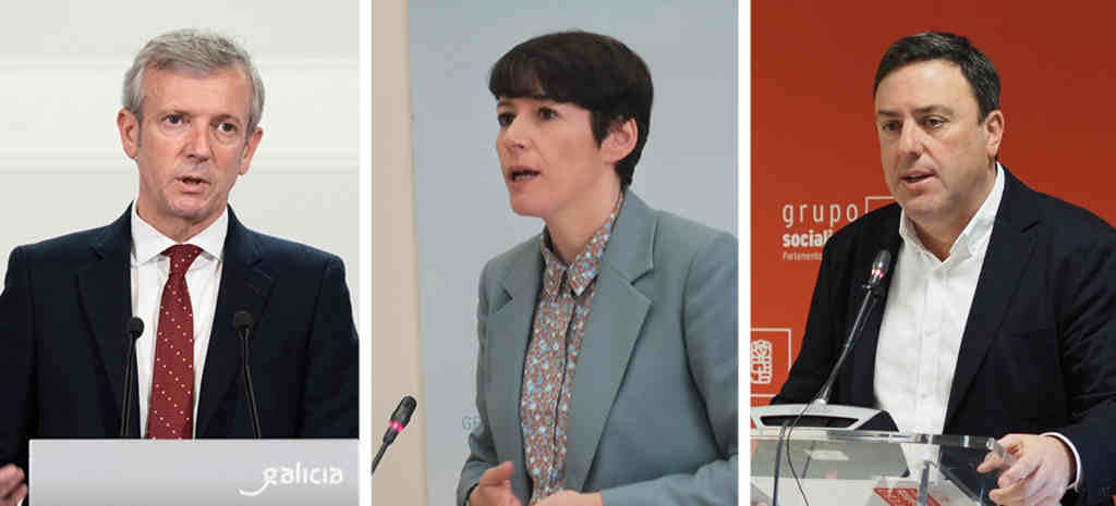 O presidente galego, Alfonso Rueda, a líder da oposición e do BNG, Ana Pontón, e o secretario xeral do PSdeG, Valentín G. Formoso. (Foto: Nós Diario)