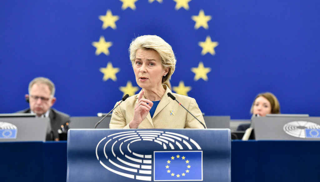 A presidenta da Comisión Europea, Ursula Von Der Leyen esta cuarta feira (Foto: Eric Vidal / European Parliament / d / DPA).