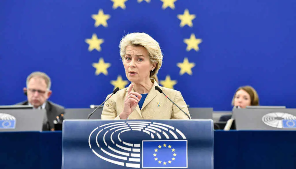 A presidenta da Comisi&oacute;n Europea, Ursula Von Der Leyen esta cuarta feira (Foto: Eric Vidal / European Parliament / d / DPA).
