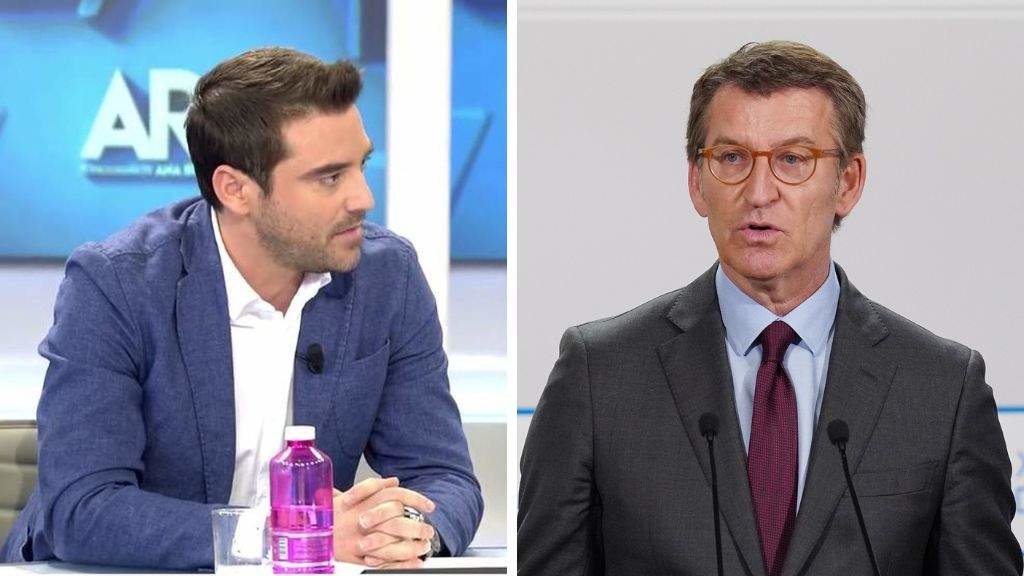 O xornalista Javier Negre e o ex presidente da Xunta e actual líder do PP, Alberto Núñez Feixoo. (Fotos: Telecinco | Europa Press)