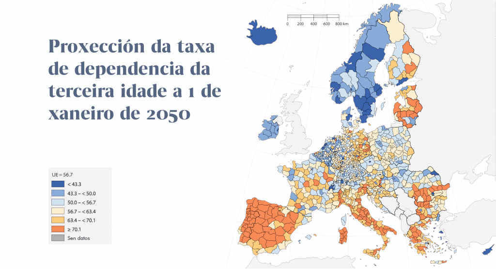 Segundo Eurostat, o coeficiente de dependencia de persoas maiores de 64 anos superará 70% en 2050 na maior parte do sur de Europa (Foto: Eurostat / Nós Diario).