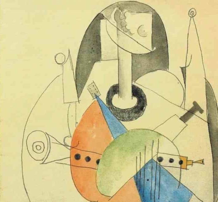 Detalle dunha das obras que se poden ver na exposición, na que se mostra unha gaita debuxada por Picasso.