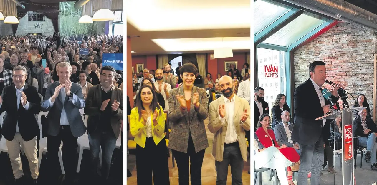 Alfonso Rueda e Ana Pont&oacute;n, nos seus respectivos actos, onte en Redondela; e Valent&iacute;n Formoso, en Pontevedra. (Foto: N&oacute;s Diario)