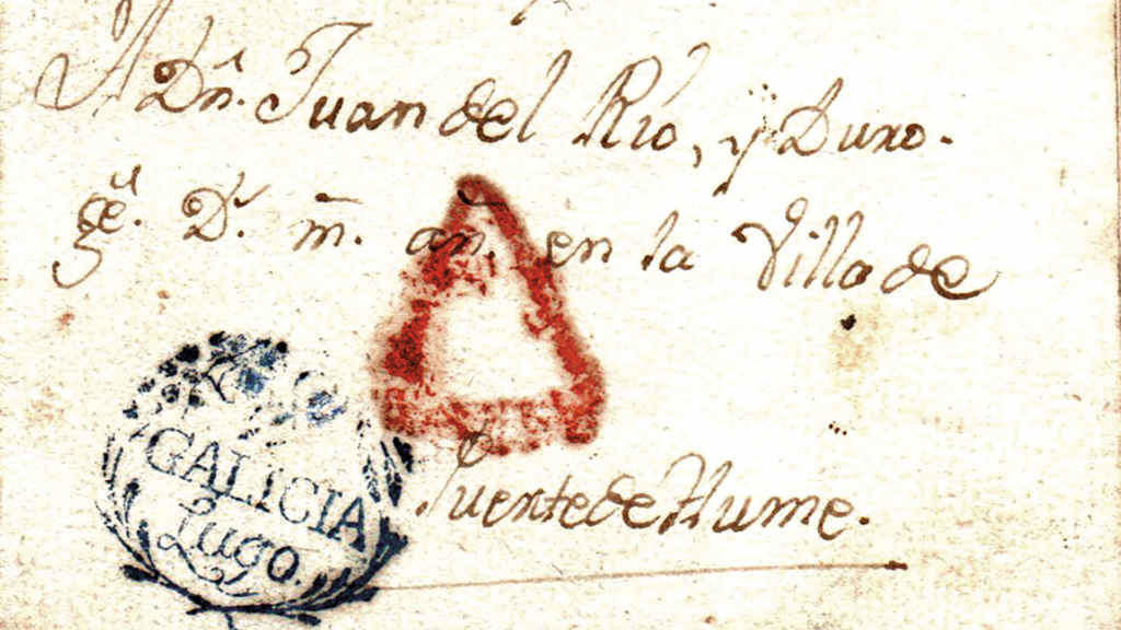 Carta de Lugo a Pontedeume. A marca de Lugo (1799-1811) ten un caduceo, vara de Mercurio, e un acio de uvas, simbolizando o comercio e a agricultura. O triángulo vermello é un '4' do porteo (Foto: Colección de Andrés García Pascual).
