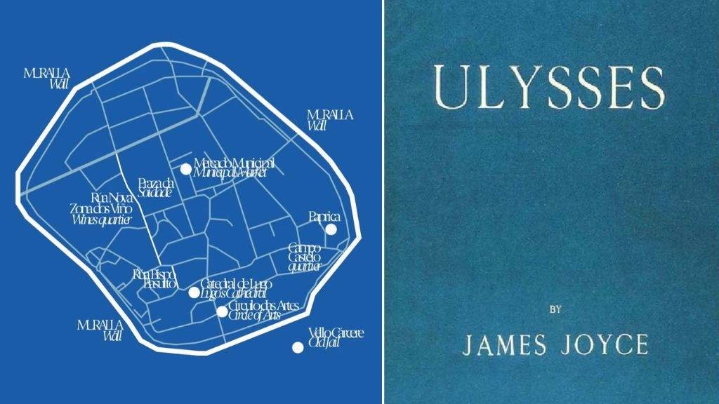 Á esquerda, o percorrido previsto por Lugo no marco das xornadas; á dereita, o 'Ulises' de James Joyce.