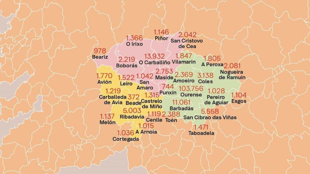 Poboación en cada concello (datos do IGE de xaneiro). 