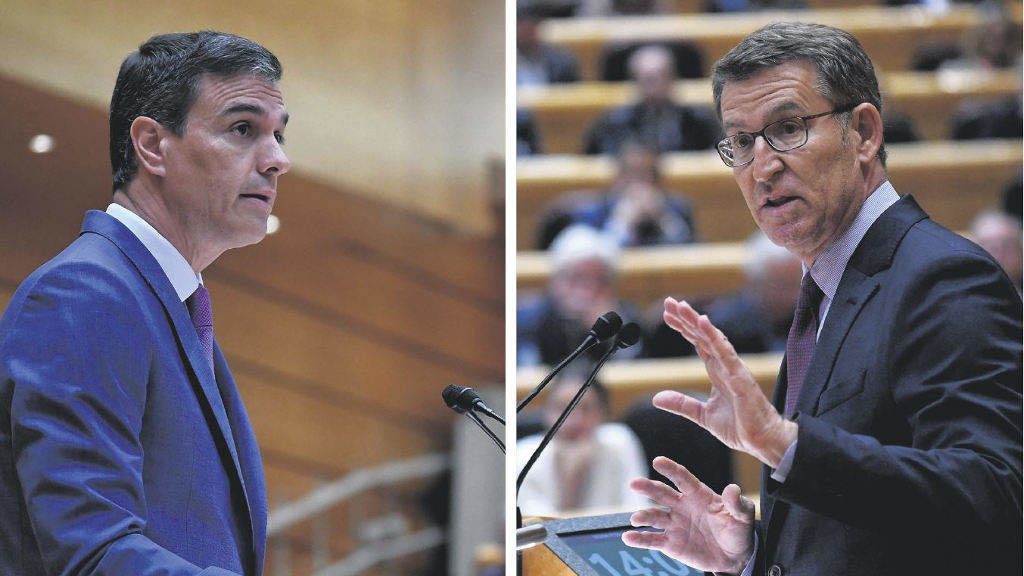 Pedro Sánchez e Alberto Núñez Feixoo durante un pleno do Senado o pasado 25 de abril. (Foto: Fernando Sánchez / Europa Press)