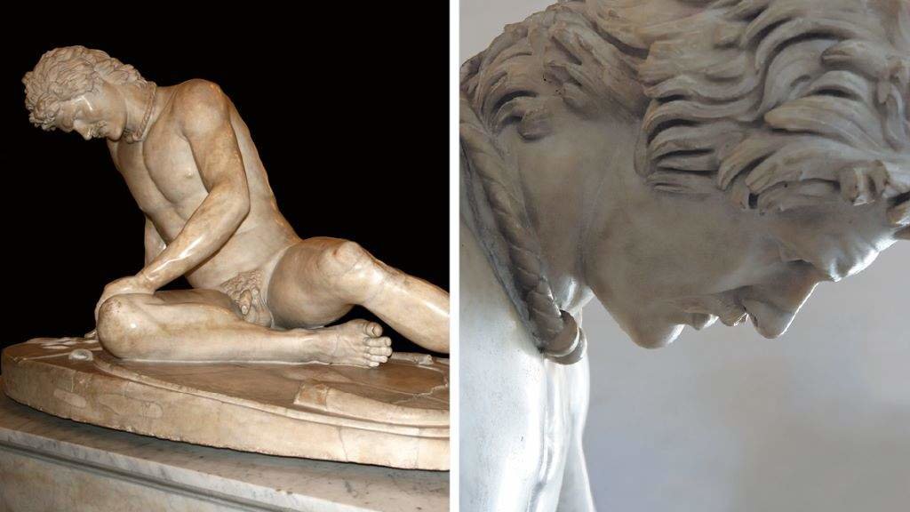 'Gálata moribundo' –e detalle do torques–, copia romana en mármore dunha obra grega do s. III a. C. exhibida nos Museos Capitolinos. (Foto: Jean-Pol Grandmont / Jastrow)